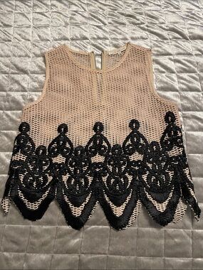 Endless Rose Nude Mesh Crop Top with Black Lace Appliqué